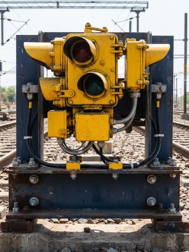 Straight-on macro shot of high-contrast yellow railway signaling equipment on a steel mounting, bright direct Indian daylight, sharp focus, technical blueprint aesthetic.