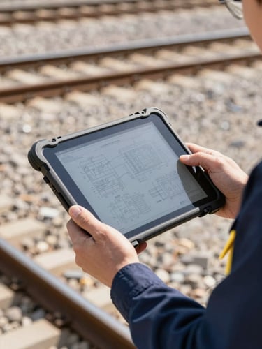 Close-up of a technician holding a rugged tablet device on-site showing technical schematics, railway tracks blurred in background, bright direct daylight