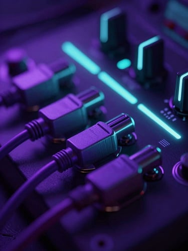Macro close-up of glowing synth hardware, neon violet patch cables, high-contrast digital glows, cinematic widescreen render