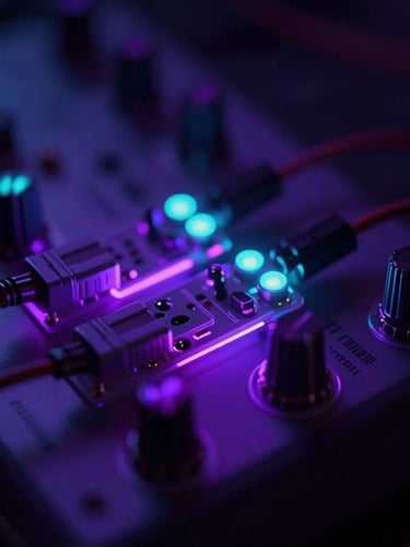 Macro close-up of glowing modular synthesizer patch cables, illuminated by sharp neon violet backlighting, moody low-key digital atmosphere, shallow depth of field