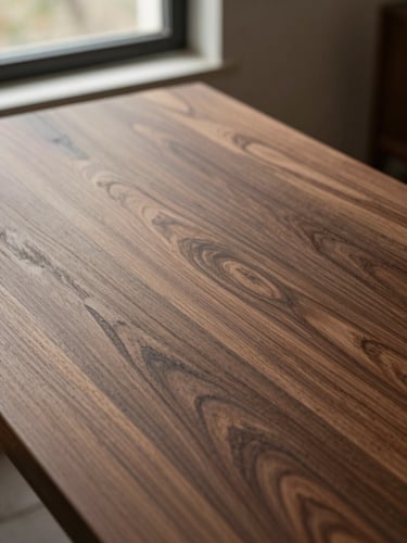 Close-up of hand-planed Oregon black walnut table top, rich grain details, warm editorial photography, natural afternoon window light, muted earthy tones, medium format film, soft shadows