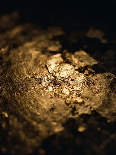 Wide panoramic 21:9 frame, extreme close-up of brushed gold leaf catching soft golden hour sunlight, deep obsidian shadows, dramatic chiaroscuro, luxury editorial photography, 35mm