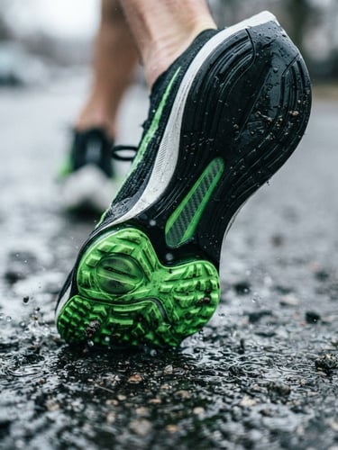Macro close-up of running shoe outsole on wet asphalt, high-contrast cool lighting with sharp green details, dynamic 35mm lens.