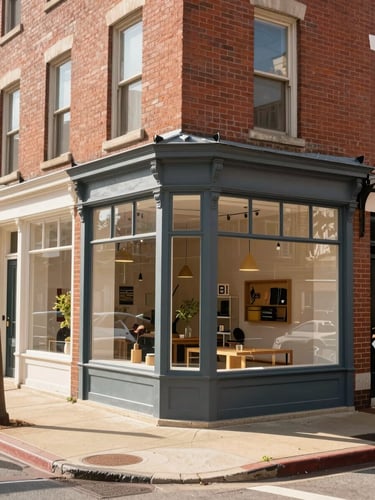 Warm architectural photography of a historic brick street corner in Carnegie PA, bright natural afternoon light, cozy storefronts with clean sidewalks, realistic depth