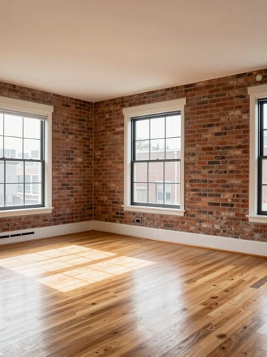 Bright natural afternoon daylight illuminating a spacious apartment living room with historic brick walls, polished hardwood floors, and updated modern windows, 24mm lens