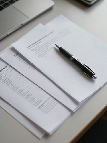 Close-up overhead shot of organized papers and a pen resting on a structured desk surface under even neutral studio lighting, documents neatly aligned, a keyboard visible at the edge