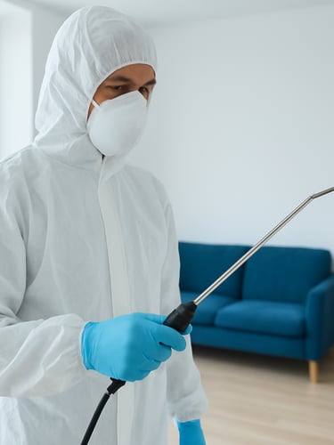 A professional technician in a clean, white protective suit and mask, holding a precise applicator tool in a bright, modern, pest-free apartment interior, natural daylight, high-key lighting.