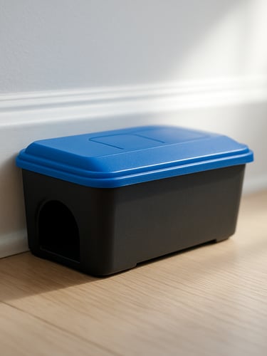Macro shot of a clean, professional non-toxic bait station placed discreetly along a clean baseboard in a bright, sunlit room, focusing on safety and hygiene.