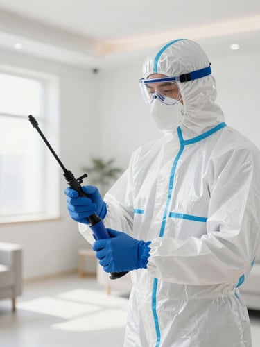 Professional pest control technician in a neat white protective uniform and mask, holding a specialized spray wand, bright clean modern apartment interior, natural daylight, high-key lighting, clinical feel