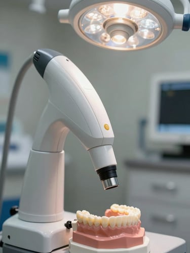 Close-up of a dental intraoral scanner head positioned over a dental model on a clinical workstation, sharp clinical overhead lighting, equipment detail in foreground with blurred treatment room environment behind