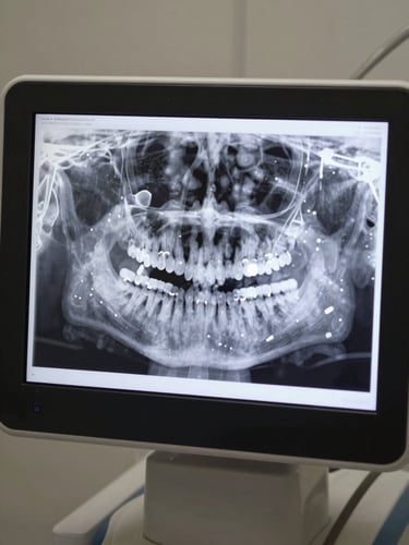 Close-up overhead shot of a CBCT dental imaging workstation screen displaying a three-dimensional jaw cross-section scan, bone density markers visible, clinical white light, no hands or faces in frame