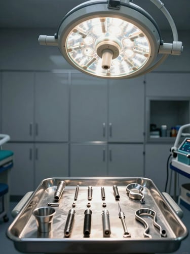 Environmental shot of a dental surgical operatory, sterile instrument tray laid out in precise order under bright overhead surgical light, implant components and guided stent visible, anthracite cabinetry in background, no patient or staff present