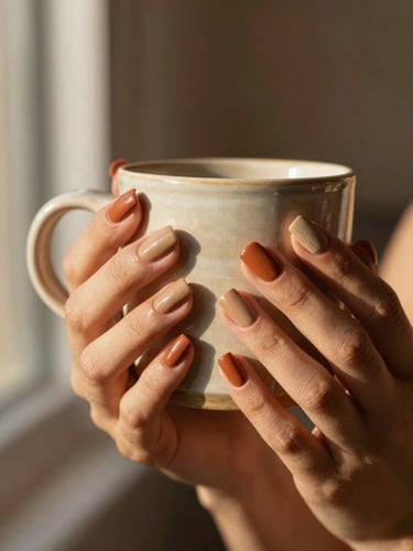 A close-up shot of hands with warm terracotta and sun-bleached clay press-on nails holding a handmade ceramic mug