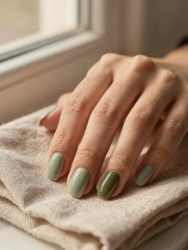 A tight macro shot of fingers adorned with soft sage and olive green detailed press-on nails resting on a textured linen napkin