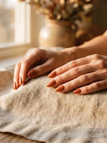 Warm editorial photography of hands with terracotta-toned press-on nails resting on a textured linen cloth, soft golden-hour window light.