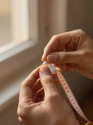Close-up of hands gently measuring a fingernail with a soft measuring tape, warm earthy tones, shallow depth of field.
