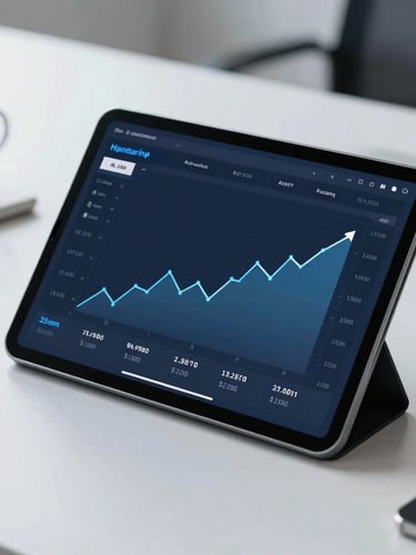Close-up of a clean modern desk setup with a tablet displaying a financial dashboard with positive upward trends, bright professional photography, cool slate tones