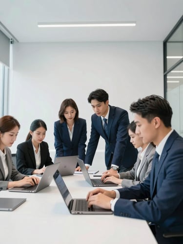Bright modern corporate office with clean architectural lines, a professional team collaborating around a desk with modern laptops, cool blue and slate tones, sharp focus, 35mm lens.