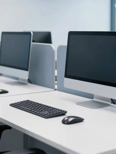 Bright professional photography of a modern corporate office, clean desk setups with modern technology, cool blue and slate tones, sharp focus, 35mm lens