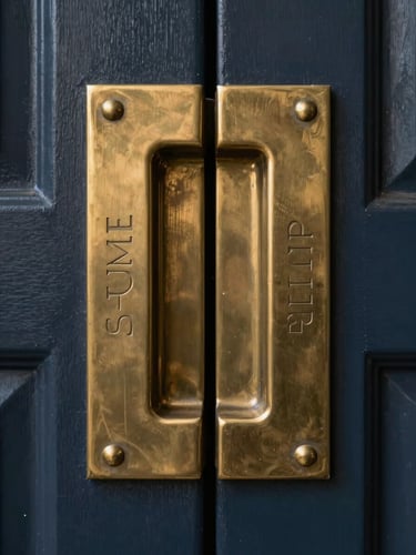 Close-up of a heavy brass door plate on dark navy-painted millwork, north-facing studio light, symmetrical framing, fine engraved lettering partially visible, deep shadow in the recesses, no warmth filter