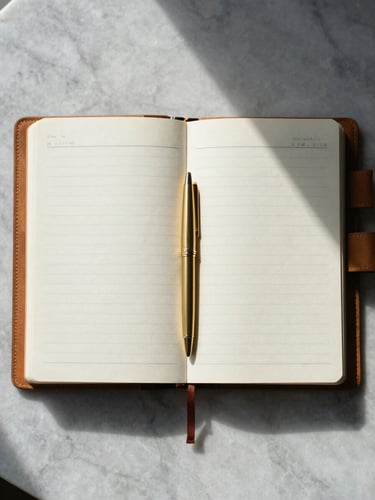 Overhead view of a ruled leather journal open on a marble surface, a single gold pen resting diagonally across the page, north-facing daylight from the upper left, symmetrical and spare