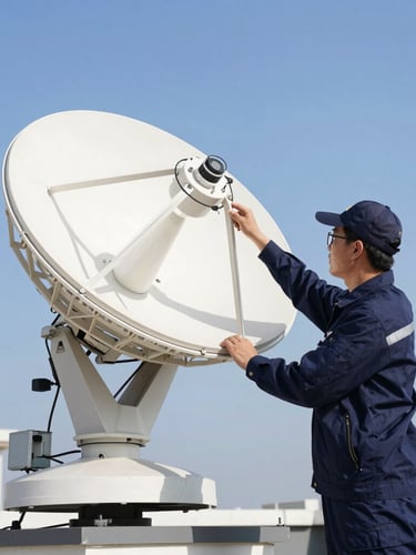 A professional technician in a clean uniform calibrating a modern satellite dish on a rooftop, clear blue sky background, crisp daylight, sharp focus on metallic hardware.