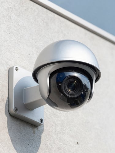 Close-up of a modern dome security camera mounted on a clean concrete wall, sharp metallic focus, bright natural daylight, 35mm lens