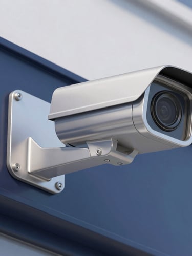 Close-up macro shot of a modern security camera installation on a clean building facade, bright daylight, navy and metallic tones, sharp focus.