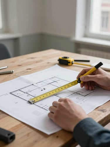 Close-up of hands holding architectural plans and a measuring tool on a wooden work table inside a classic Brussels townhouse, soft natural light.