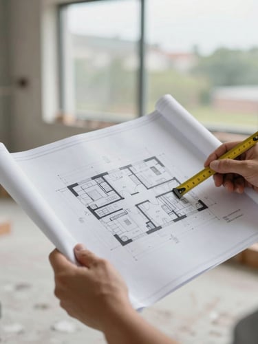 Hands holding detailed architectural plans and a measuring tool on an active residential renovation site, soft natural daylight, realistic textures