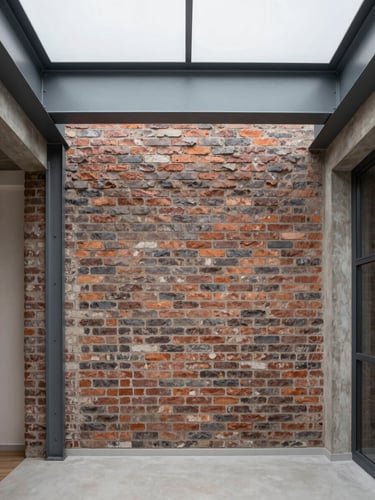 Straight-on architectural photograph of a mid-renovation Brussels townhouse interior, exposed brick wall and structural steel beam, soft overcast daylight, 35mm lens