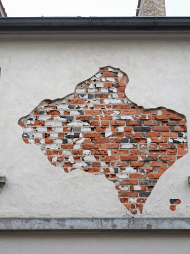 Detailed close-up of exposed structural brickwork and old plaster in a Brussels townhouse, natural soft overcast daylight, sharp architectural focus
