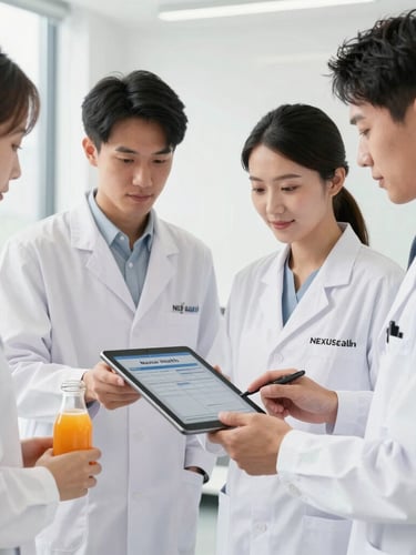 Portrait-oriented commercial photograph of the Nexus Health Juice operations team in clean white lab coats, reviewing a digital manifest on a tablet in a modern, brightly lit office. Sharp focus, high-key daylight.