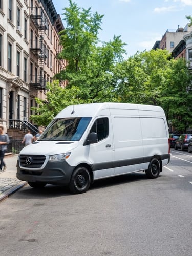 Sleek branded Nexus Health Juice delivery vehicle on a clean Manhattan street at bright high-key daylight, sharp focus.