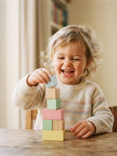 Eye-level medium close-up of a toddler laughing while placing a wooden block on a tower, soft natural window light, cream background, shallow depth of field, 35mm
