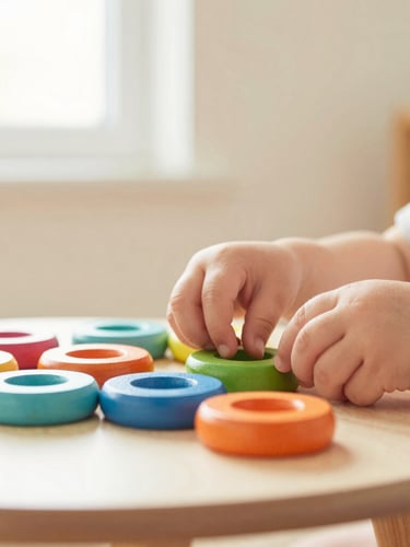 Eye-level close-up of a toddler's hands sorting colorful wooden rings on a low table, soft natural window light, warm cream background