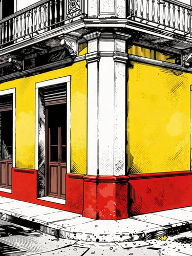 Editorial comic style illustration of a vibrant Santo Domingo street corner, high-contrast ink outlines, halftone dot patterns, dramatic shadows, yellow and red accents