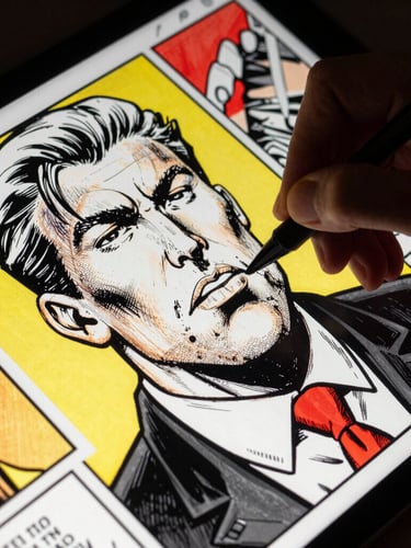 Dramatic close-up of a hand drawing a political comic on a digital tablet, heavy black ink lines, halftone textures, vibrant yellow and red accents on screen, high-contrast chiaroscuro lighting