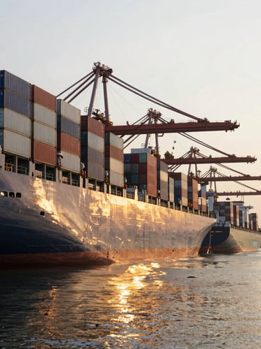 Wide-angle industrial editorial photography of a deep-water shipping port at dawn, cargo vessels aligned precisely, warm gold reflections glinting off metallic containers, slate gray and navy tones, 35mm lens.