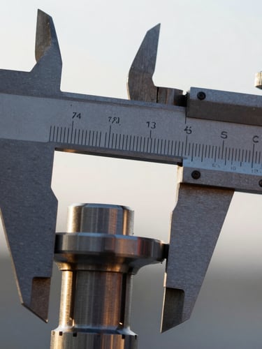 Extreme close-up of technical calipers measuring a precision metal component, crisp morning daylight glinting off steel, warm gold reflections, industrial editorial photography, 35mm lens