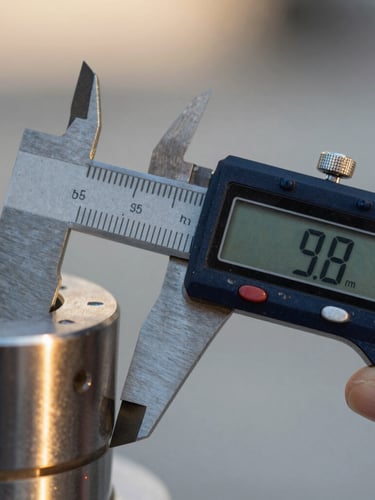 Extreme close-up of digital calipers measuring a machined steel component, crisp morning daylight, warm gold reflections on metallic surfaces, 35mm lens