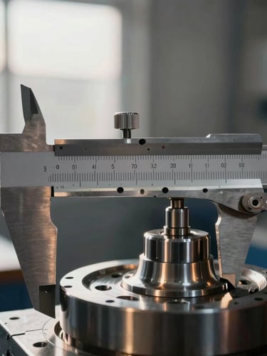 Extreme close-up of technical steel calipers measuring a high-precision machined component, crisp morning daylight reflecting off the polished metal, industrial workshop background.