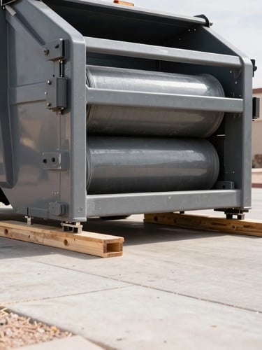 A sharp close-up of a heavy-duty truck mechanism lowering a clean roll-off dumpster onto wooden protective planks on a clean concrete driveway, bright Arizona daylight.