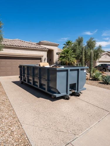 Wide angle shot of a clean slate-gray roll-off dumpster placed neatly on a residential driveway in Glendale, bright Arizona daylight with sharp crisp shadows