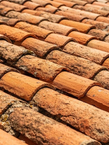 Close-up of traditional terracotta roof tiles in bright Mediterranean sunlight, warm orange tones, crisp details, 35mm lens