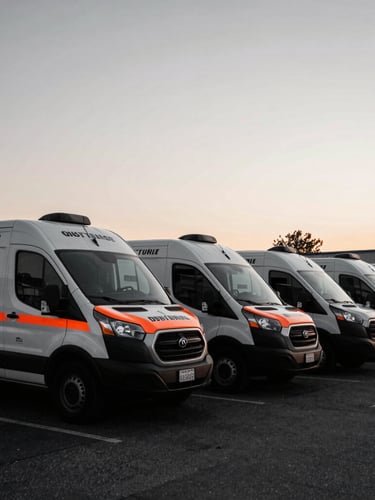 Industrial editorial photography of a secure transport vehicle yard in Washington DC at twilight, clean branded transport vans lined up, high-contrast desaturated tones with safety-orange accents, sharp focus, 35mm lens