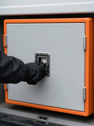 Tight shot of a secure lockbox being closed by a gloved hand, inside a branded transport vehicle, industrial editorial photography, overcast daylight, high-contrast desaturated tones with safety-orange accents, sharp focus, 35mm lens.