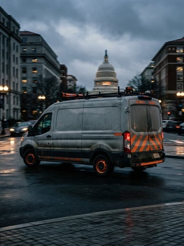 industrial editorial photograph of a branded Borrowed Time Enterprises Inc transport van speeding through a Washington DC urban street at twilight, high-contrast, desaturated tones with safety-orange accents, sharp focus, 35mm lens, vehicle slightly off-center to the left, city lights streaking in background