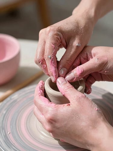 Close-up of hands covered in wet clay and bright pink paint, sculpting a ceramic piece, warm natural daylight, tactile textures, 35mm