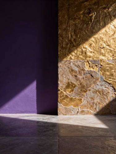 Quiet architectural space with dramatic shadows and sharp shafts of light cutting through, highlighting textured stone and gold leaf details, editorial